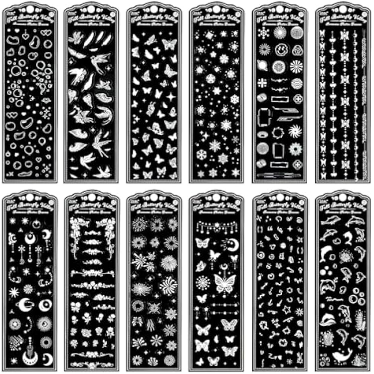 12 Sheets Holographic Kpop Deco Stickers, Korean Stickers for Photocards, Self Adhesive Clear Glitter Stickers, Letter Butterfly Number Bubbles Snowflake Bling Sticker DIY Decorate,B