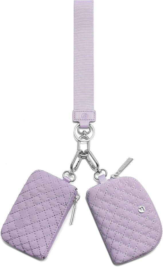 FODOKO Wristlet Wallet for Women, Detachable Dual Pouch Wristlet, Mini Zip Around Quilted Coin Purses, light purple/light purple