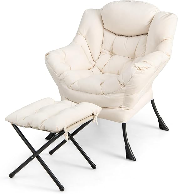Upholstered Lazy Chair with Ottoman, Armrests & Side Pocket