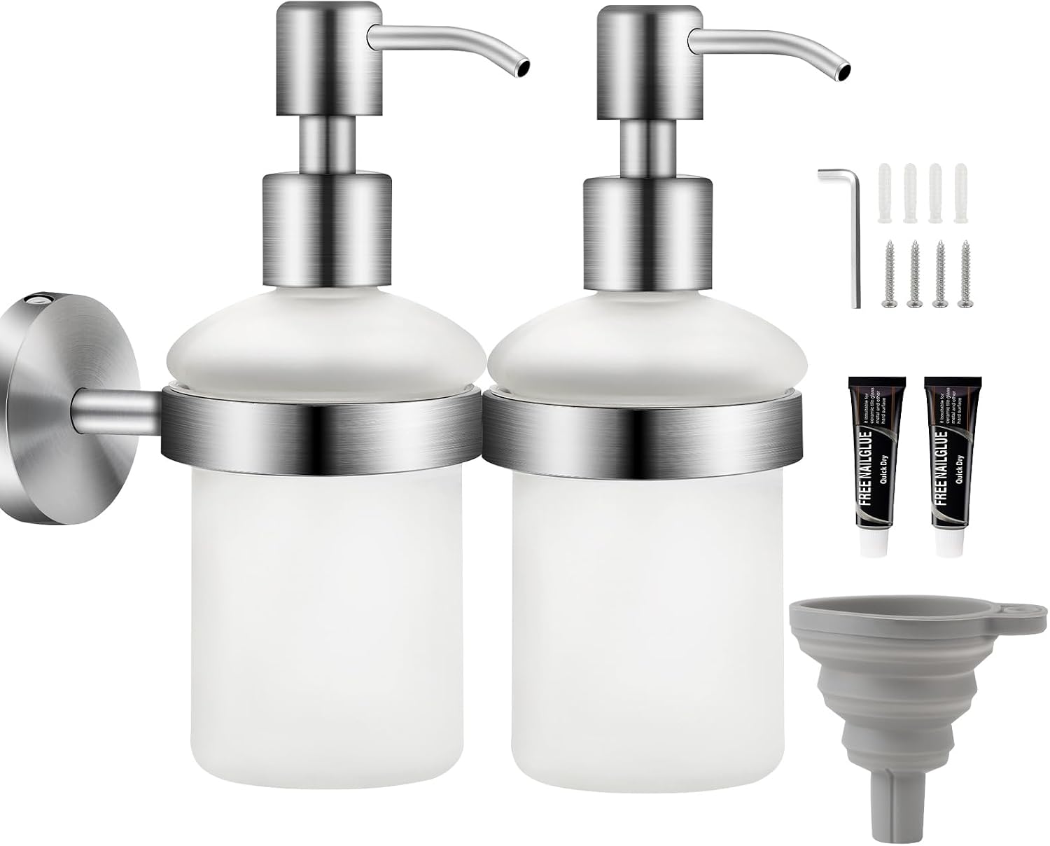 EXLECO 2 Pieces Soap Dispenser Wall Mounted Soap Dispenser Set Drilling & Self-Adhesive Made of 304 Stainless Steel 200 ml Chrome-Plated Satin Glass Bottle Hand Disinfectant Box No Drilling for
