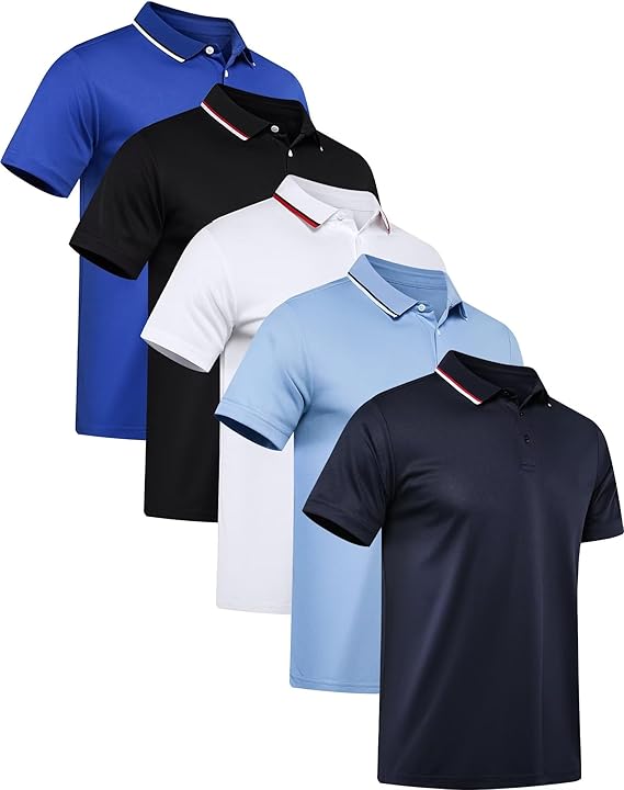 OYGSieg 5 Pack Mens Polo Shirt Short Sleeve Tactical Shirts Quick Dry Performance Golf Shirt Pique Jersey Outdoor Shirt A 2XL