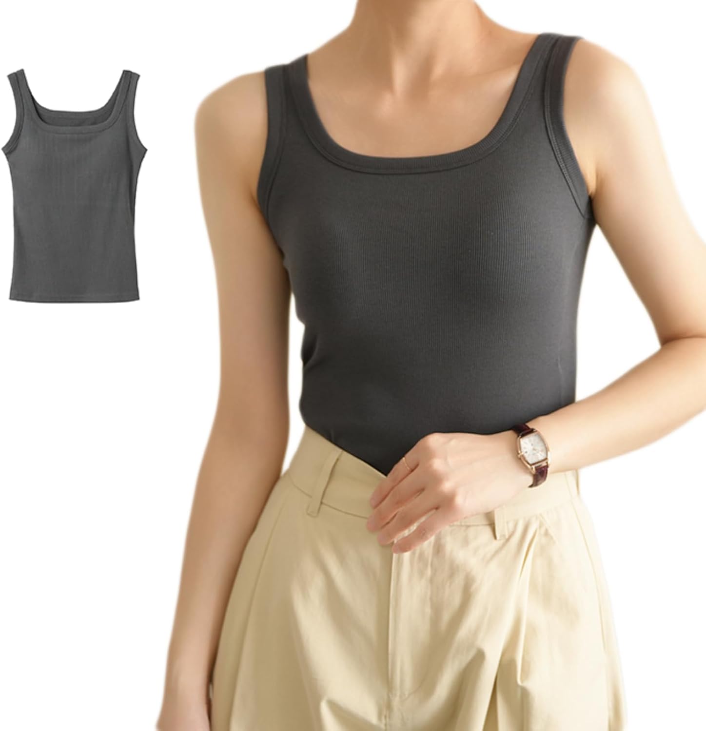 FRENCH FRENCH 5686749 Tank Top with Cup Square Neck Womens Bra Top with Bra Sleeveless Underwear, Underwear, Womens, Inner Pajamas, Rib, Daily, Soft, Large Size, Simple, Stretchy, Solid, Spring