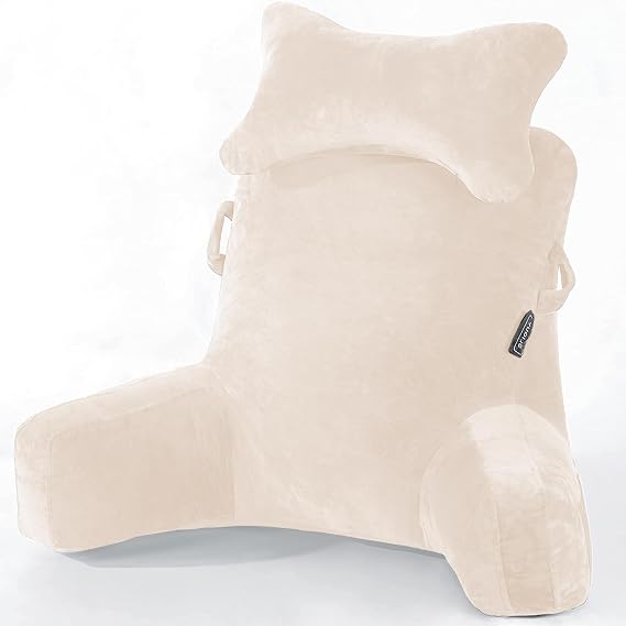 SLIGUY Reading Pillow-Bed Rest Pillow with Detachable Neck Roll & Higher Support Arm for Sitting in Bed Couch or Floor-Backrest Reading Pillow Adult Back Pillow for Watching TV/Gaming,Beige
