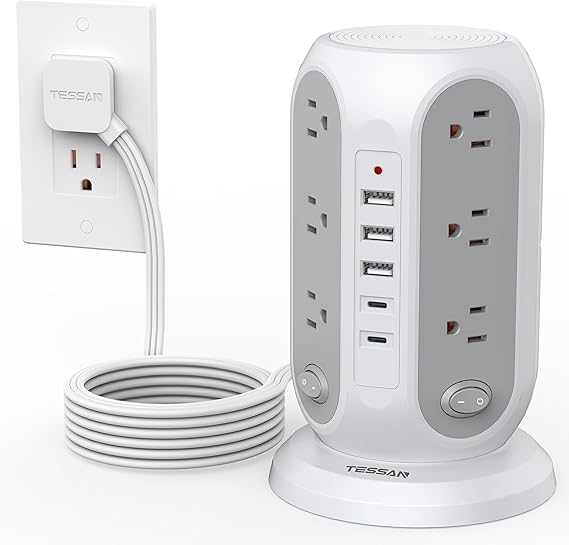 TESSAN Tower Power Strip with Individual Switches, Surge Protector with 12 Outlets, 5 USB Ports(2 USB C), Flat Extension Cord 10 Ft, 1250W, Charging Station for Multiple Devices, Office, Dorm, Grey