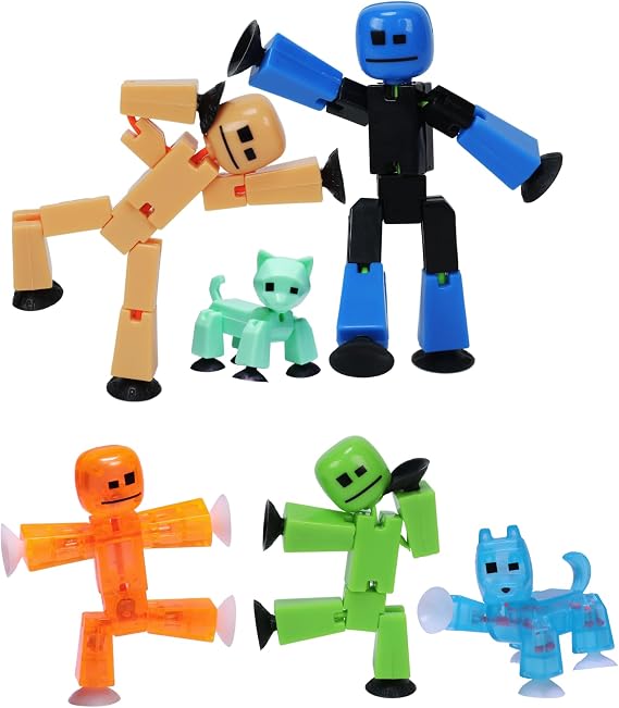 Zing Stikbot Family Pack Stickbot Collectible Action Figures Set of 6 - 2 Stikbots, 2 Junior Stick Bots, 1 Dog, 1 Cat, Stop Motion Animation - Eco-friendly Packaging for Ages 4+