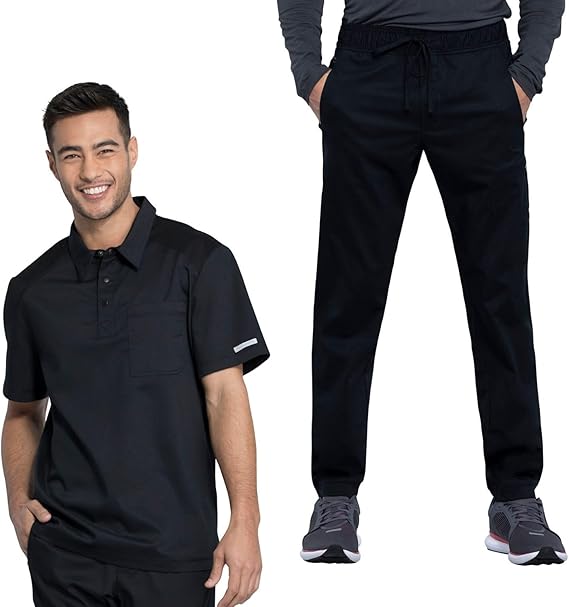 Cherokee Men Scrub Set Men's Polo Shirt Modern Fit WW615 with Men's Natural Rise Jogger with Drawstring Waistband WW012, Black - M Top/M Pant