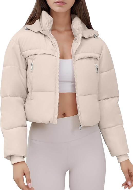 Ogfao Women's Cropped Puffer Jacket Hooded Warm Padded Winter Outerwear Coat with Pockets