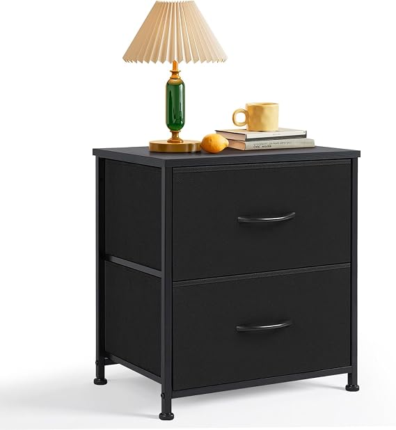 Nightstand Upgraded Small 2 Drawer Dresser End Table Bedside Furniture | Wooden Top Fabric Bins for Bedroom, Closet, Entryway, Dorm, 11.8" D x 18" W x 20", Black