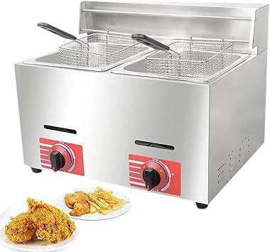Commercial Gas Deep Fryer With Frying Baskets,Countertop Stainless LPG Gas Fryer Round Infrared Stove Heating,10L X 2 Pots Large Capacity