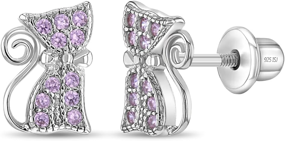 In Season Jewelry Cubic Zirconia Cat Earrings - Hypoallergenic 925 Sterling Silver Earrings for Girls with Safety Screw Backs - Safe & Comfortable for Toddlers, Kids & Little Girls