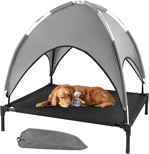 Outdoor Dog Bed with Canopy, Elevated Cot, Up to 100 lb, Gray