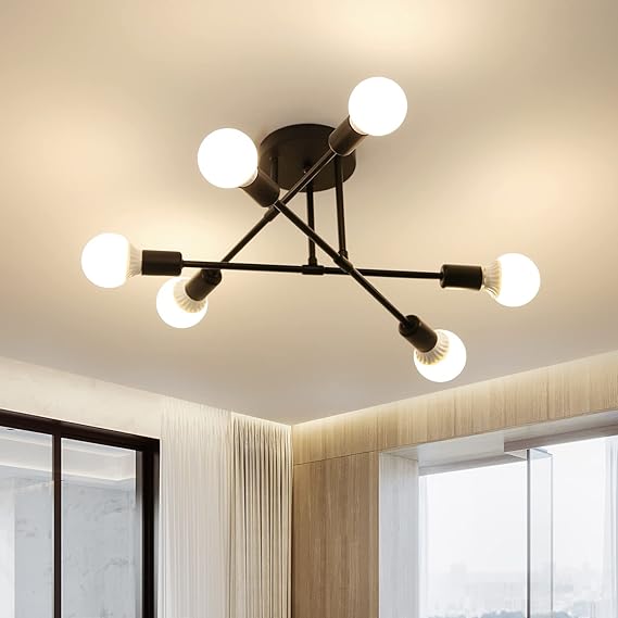 Dorlink Sputnik Ceiling Light, 6-Light Matte Black Flush Mount Ceiling Light, Mid-Century Modern Light Fixture for Bedroom, Dining Room, Living Room, Kitchen [Energy Class E]