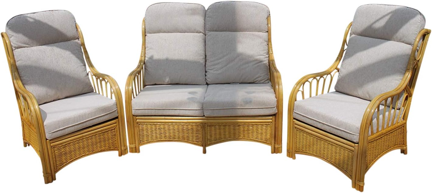 Garden Market Place Sorrento Cane Conservatory Furniture 3 Piece Suite - 2 Chairs and a Sofa- Cream Colour Fabric-