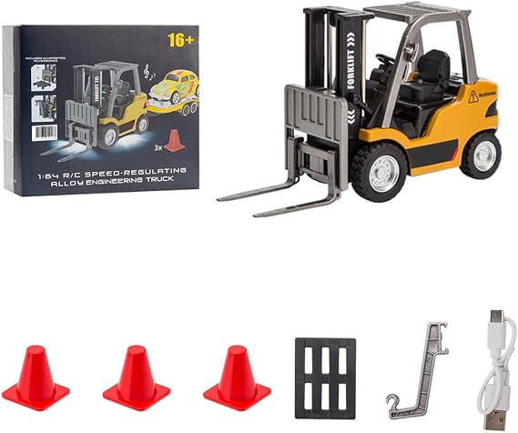 FunXylophy 1/64 Mini RC Forklift, 2.4G 10KM/h Full Proportional Remote Control Forklift Wireless Controller, Cargo Hook, Fork, Pallet Included, Christmas & Birthday GiftYellow Basic Edition
