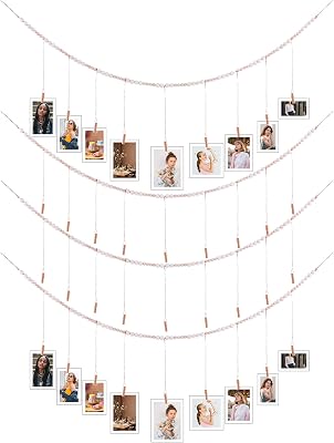 4 Pack Hanging Photo Display with Clips, Boho Wooden Bead Garland Banner, Collage Card Picture Kids Art Holder String with 9 Clips for Christmas Bedroom Dorm Decor, Teen Girl Gifts, Brown