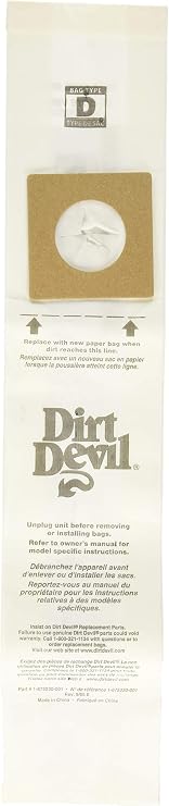 Dirt Devil Vacuum Cleaner Bags for Upright Vacs, Pack of 3, White, Type D