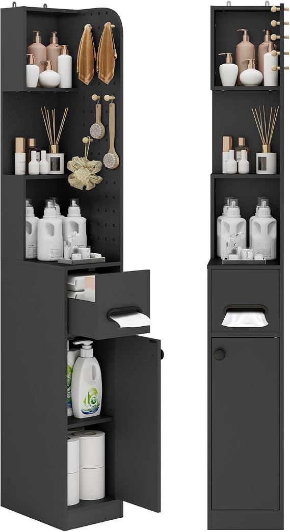 YOURLITE 65" Tall Bathroom Storage Cabinet, Narrow Bathroom Organizer with Pedboard and Adjustable Shelf, Slim Space Saver with Drawer for Living Room, Kithchen, Black
