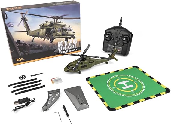 Herr WL K170 RC Helicopter, Black Hawk UH-60L Model, 2.4G 4CH Flybarless with Landing Pad, RTF Version (Two Batteries)