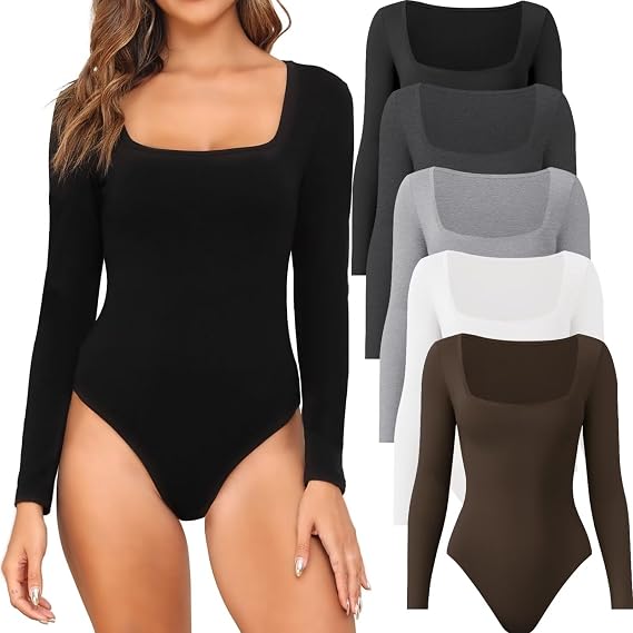 CE' CERDR 5 Pack Womens Long Sleeve Bodysuits Square Neck Tops