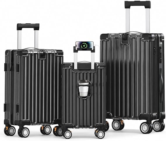 EROMMY 3 Piece Luggage Set, Expandable Hardside Suitcases with TSA Lock, USB Port & Cup Holder, Lightweight ABS+PC Hard Shell Travel Luggage, Double Spinner Wheels, Black