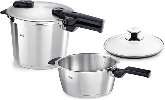 Fissler Vitaquick Premium 3 Piece Pressure Cooker Set, 3.7 Quart and 6.3 Quart with Glass Lid, Cooks Up to 70% Faster, 18/10 Stainless Steel, Compatible with Induction, Gas, Electric Cooktops