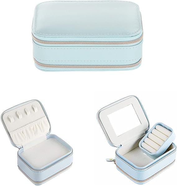 ASLIDECOR Travel Jewelry Case with Mirror,Double Zipper Bulk Travel Jewelry Box, 2 Layer Jewelry Travel Casex for Necklaces,Rings,Bracelets(BLUE)