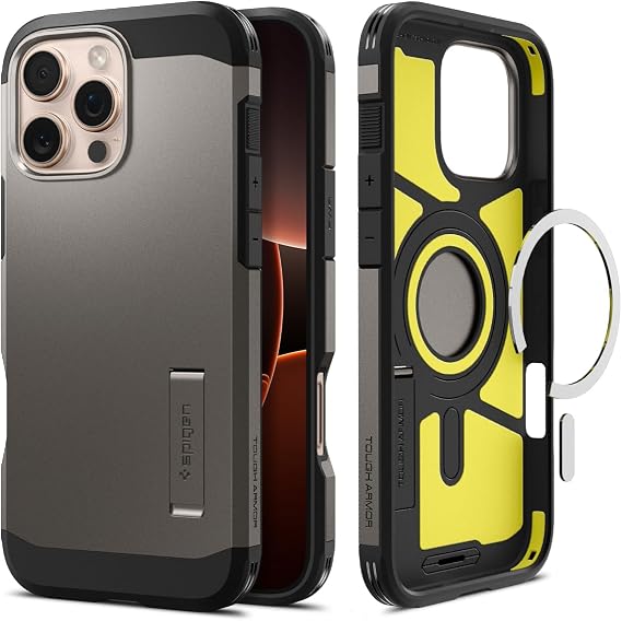 Spigen iPhone 16 Pro ile Uyumlu MagSafe Kılıf Tough Armor Mag Fit Stand özellikli Çift Katmanlı Zırh Koruma Füme Kapak - ACS08145 (Spigen TR Garantili)