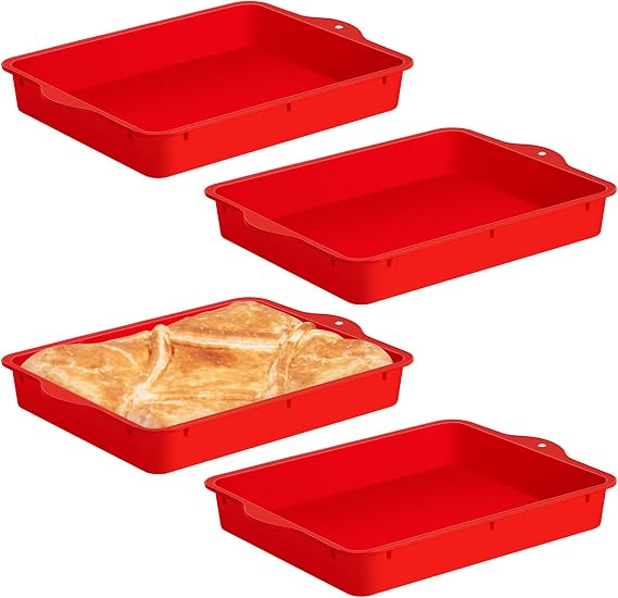 Geetery Set of 4 Silicone Square Cake Pan Silicone Brownie Pan Nonstick Baking Mold for Muffin Bread Rice Crispy Lasagna Pie, Red(12 x 8.7 x 1.6 Inches)