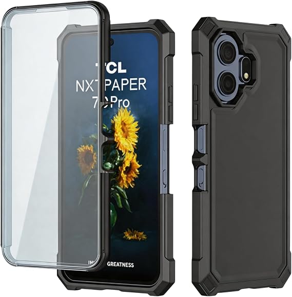 TCL NXTPAPER 70 Pro 5G スマホケース スクリーンプロテクター付き、フロントシリコンバンパー+つや消しPC背面 フルボディ保護、ミリタリーグレードの耐衝撃携帯電話ケース TCL 70 Pro T807D T807E ブラック