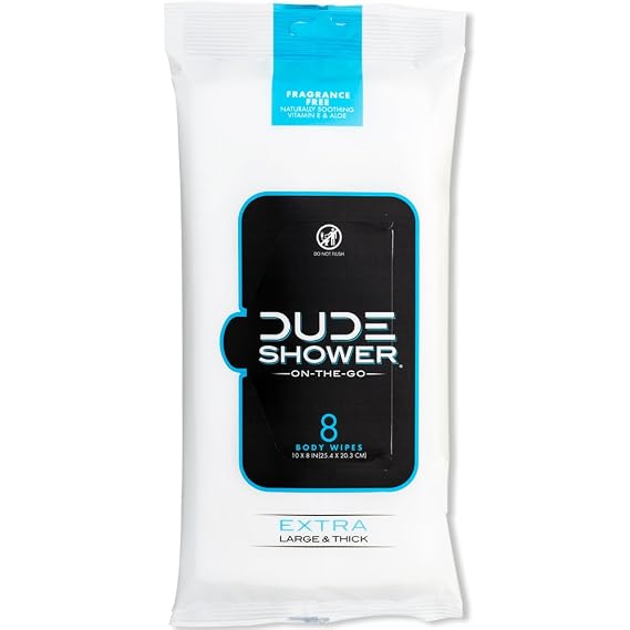 DUDE Wipes Fragrance Free On-The-Go Shower Wipes - Extra-Large and Thick Cleansing Body Wipes Ideal for Travel - 1 Pack (8 Count) - Infused with Vitamin E and Aloe