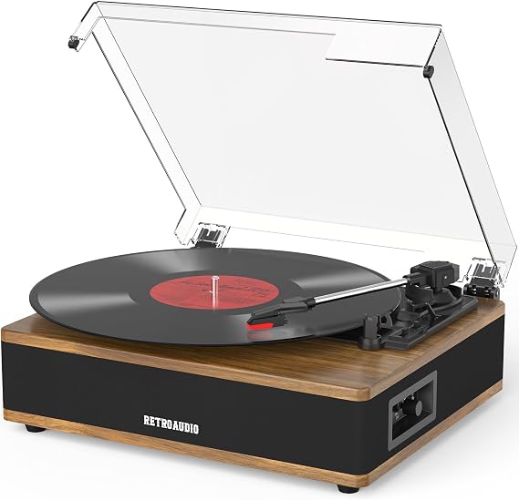 Vinyl Record Player Bluetooth Turntable with Built in Stereo Speakers Belt Drive 3 Speeds Vintage Turntables for Vinyl Records Support RCA Output, Aux in, Auto Stop, Walnut