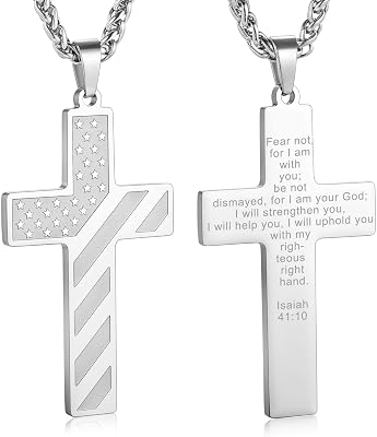 MeMeDIY 182 Inch Cross Necklace American Flag Cross Necklace for Men Stainless Steel Inspirational Bible Verse Cross Pendant GoldSilverBlack Cross Chain Patriotic Jewelry