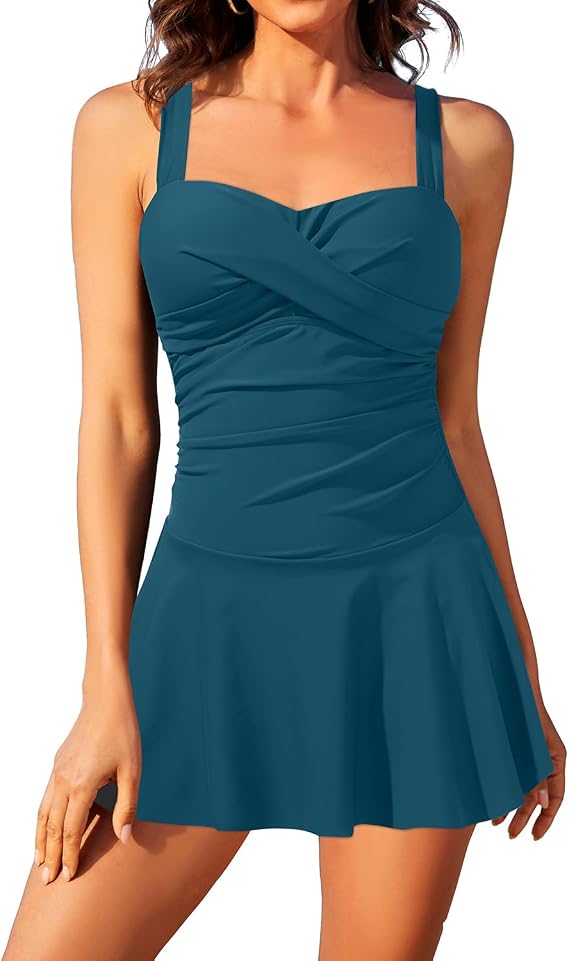 One Piece Swim Dress Tummy Control Swimsuit with Skirt Modest Bathing Suit