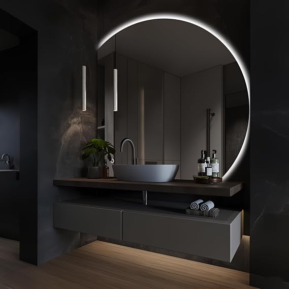 Niccy Half Moon LED Mirror for Bathroom, 48" Semi Backlit Mirror Frameless Makeup Mirror with Light, Anti-Fog, Shatter-Proof, 3 Colors, Smart Vanity Mirror