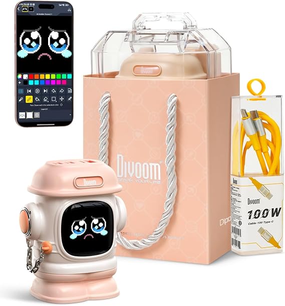 Divoom Dipow 65W USB-C Charger, 3-Port GaN Fast Charger with Pixel Display | Foldable Charger Block, 100W Cable for MacBook, iPhone, iPad & Galaxy, Pink