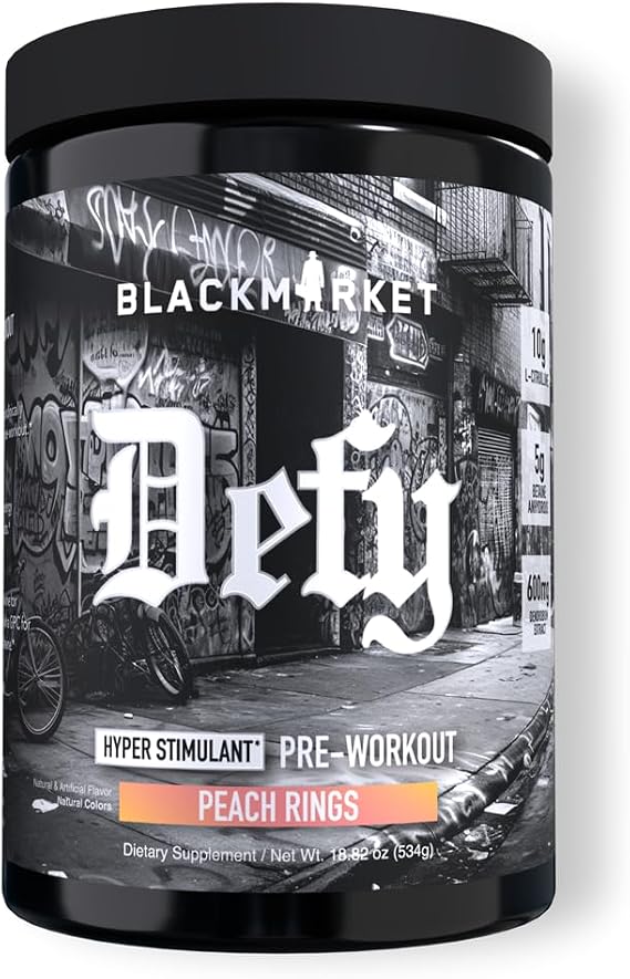 BLACKMARKET DEFY High-Stimulant Pre-Workout Powder | 450mg Caffeine, Eria Jarensis, Dendrobium, L-Citrulline | Peach Rings Flavor | Intense Energy, Pump & Focus | 40/20 Servings