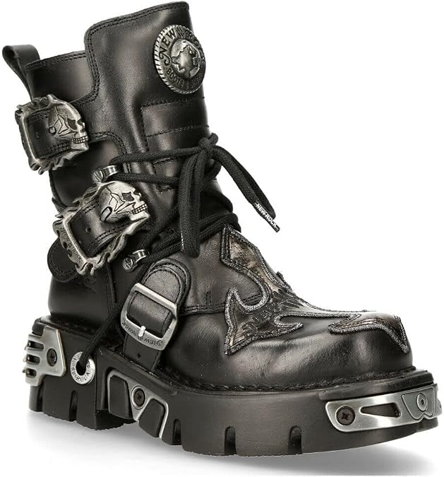 New Rock Men's 407-S1 Silver Cross Buckle Ankle BOOTS Black Leather Gothic Punk Biker Fashion Shoes