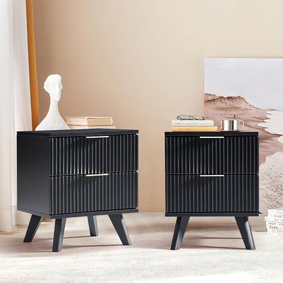 Nightstands Set of 2 with Drawers, Modern Large Striped Bed Side Table with 2 Drawers, Mid Century Modern Night Stand Set for Bedroom, Bedside End Table with Storage and Solid Wood Legs (Black)