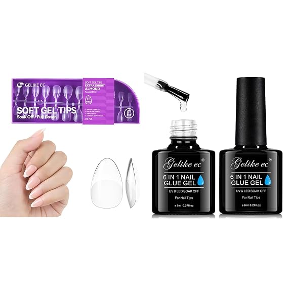 Gelike EC 240 pcs Extra Short Almond Gel Nail Tips and 2 pcs 6 in 1 Gel Glue