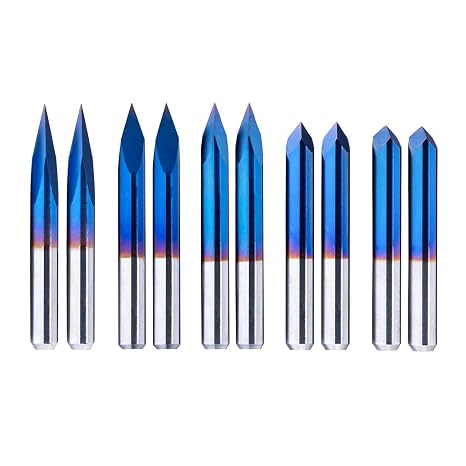 FoxAlien 20/30/45/60/90deg 0.1mm Triangular CNC Router Bits Set, 1/8" Shank Engraving Carving V-Bit with Nano Blue Coating Sharp Pyramid Bits for Acrylic Wood MDF Aluminum Lettering Sign Making