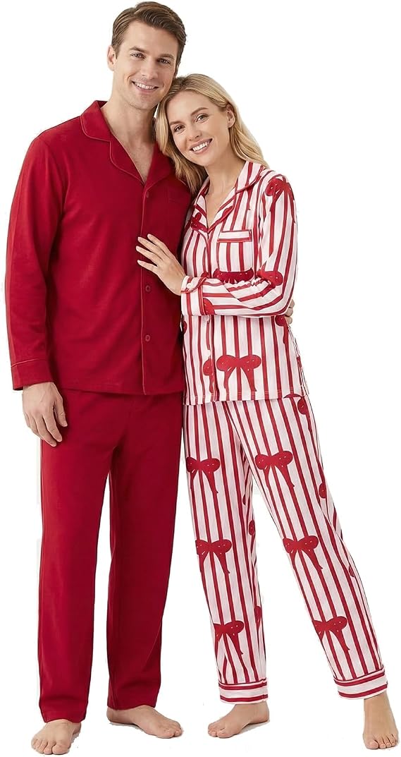 Matching Couples Pajamas Set, His and Hers Soft Button-Down Sleepwear Loungewear for Valentines Day, Christmas