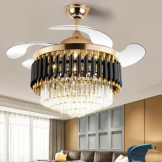 42" Retractable Crystal Chandelier Ceiling Fan 3 Light Changes 3 Speeds LED Silent Fandelier with Remote Modern Invisible Hidden Ceiling Fan with Light for Dining Room Living Room Restaurant