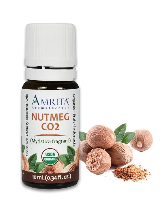 Amrita Aromatherapy Organic Nutmeg C02 Essential Oil, 100% Pure Undiluted Myristica fragrans, Therapeutic Grade, Premium Quality Aromatherapy Oil, Tested & Verified, 10ML