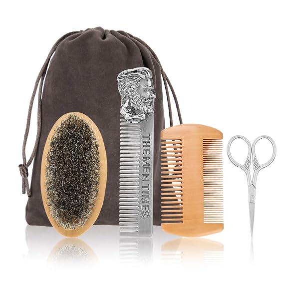 ZJchao Beard Comb Beard Brush Set, 4 in 1 Beard Grooming Kit Beard Care Kit with Stainless Steel Comb Wooden Dual Side Comb Boar Brush Storage Bag for Mens Mustache Care Grooming Beards