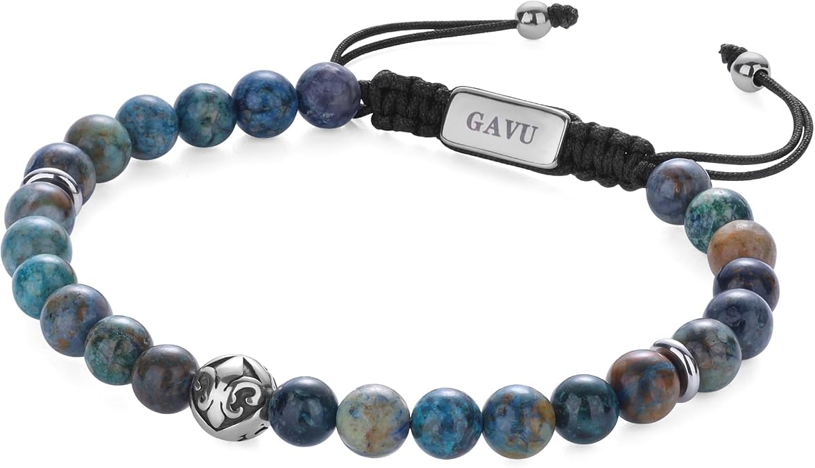 GAVU Beaded Bracelet for Men, Adjustable Crystal Bracelet for Men, 6mm Azurite/Tiger Eye/Lava
