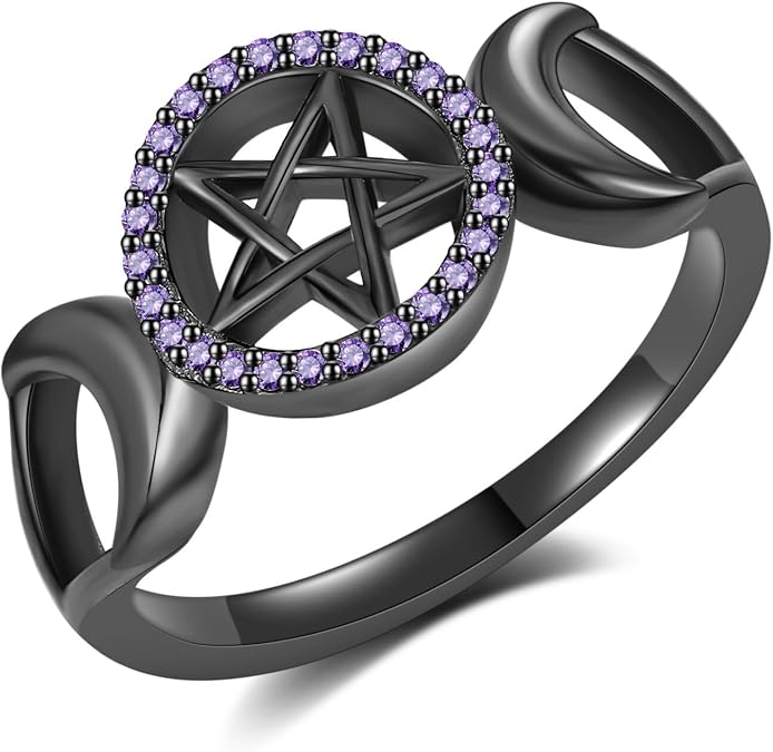 Pentagram Ring 925 Sterling Silver Triple Moon Goddess Ring Witchy Pentacle Rings for Women Pagan Jewelry Gifts for Women Size 7 8 9