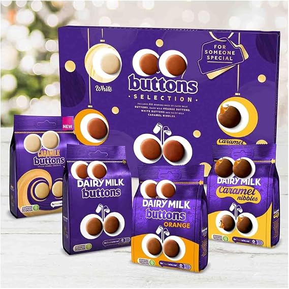Dairy Milk Buttonn,Orange Buttonn,Caramilk Buton, and Salted Caramel Nibbles Buton Chocolate Selection Box 340g - cdb