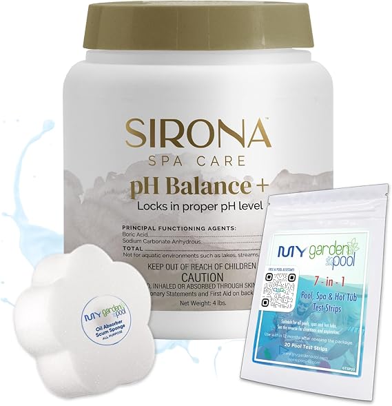 Sirona 82136 Spa pH Balance , 3 LBS Includes My Garden Pool 20 Ct. Test Strips & Scum Sponge Stabilizes pH for Balanced, Clear Spa Water