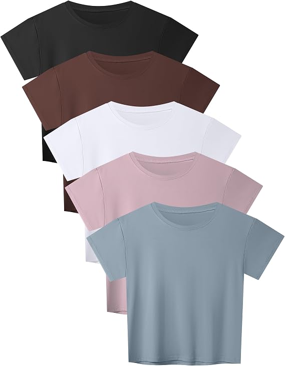 HOPLYNN 5 Pack Women's Loose Fit Short Sleeve Workout Crop Top T-Shirts