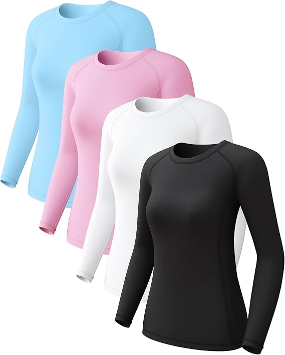 Womens Long Sleeve Compression Shirts Sun Protection Workout Underscrubs | UPF 50+ breathable UV SPF rash guard, Moisture wicking dry fit cooling undershirt, Snug stretch tops for gym & daily wear